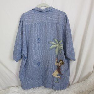 Tommy Bahama Pinup Girl Short Sleeve 100% Silk Button Up Shirt Blue Size XL
